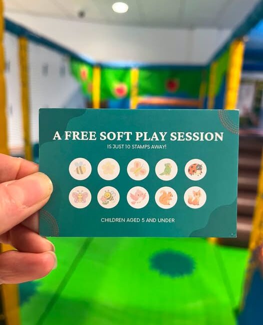 May be an image of trampoline and text that says 'A FREE SOFT PLAY SESSION ISJUST 10 STAMPSAWAY! SJUST1OSTAMPSAWAY! STAMPS AWAY! 79 CHILDREN AGED CHILDRENAGEDSANDUNDER 5 AND UNDER'