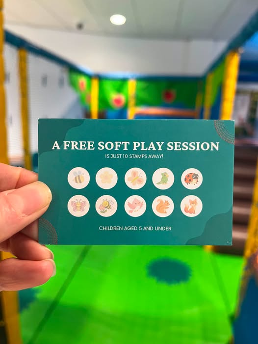 May be an image of trampoline and text that says 'A FREE SOFT PLAY SESSION ISJUST 10 STAMPSAWAY! SJUST1OSTAMPSAWAY! STAMPS AWAY! 79 CHILDREN AGED CHILDRENAGEDSANDUNDER 5 AND UNDER'